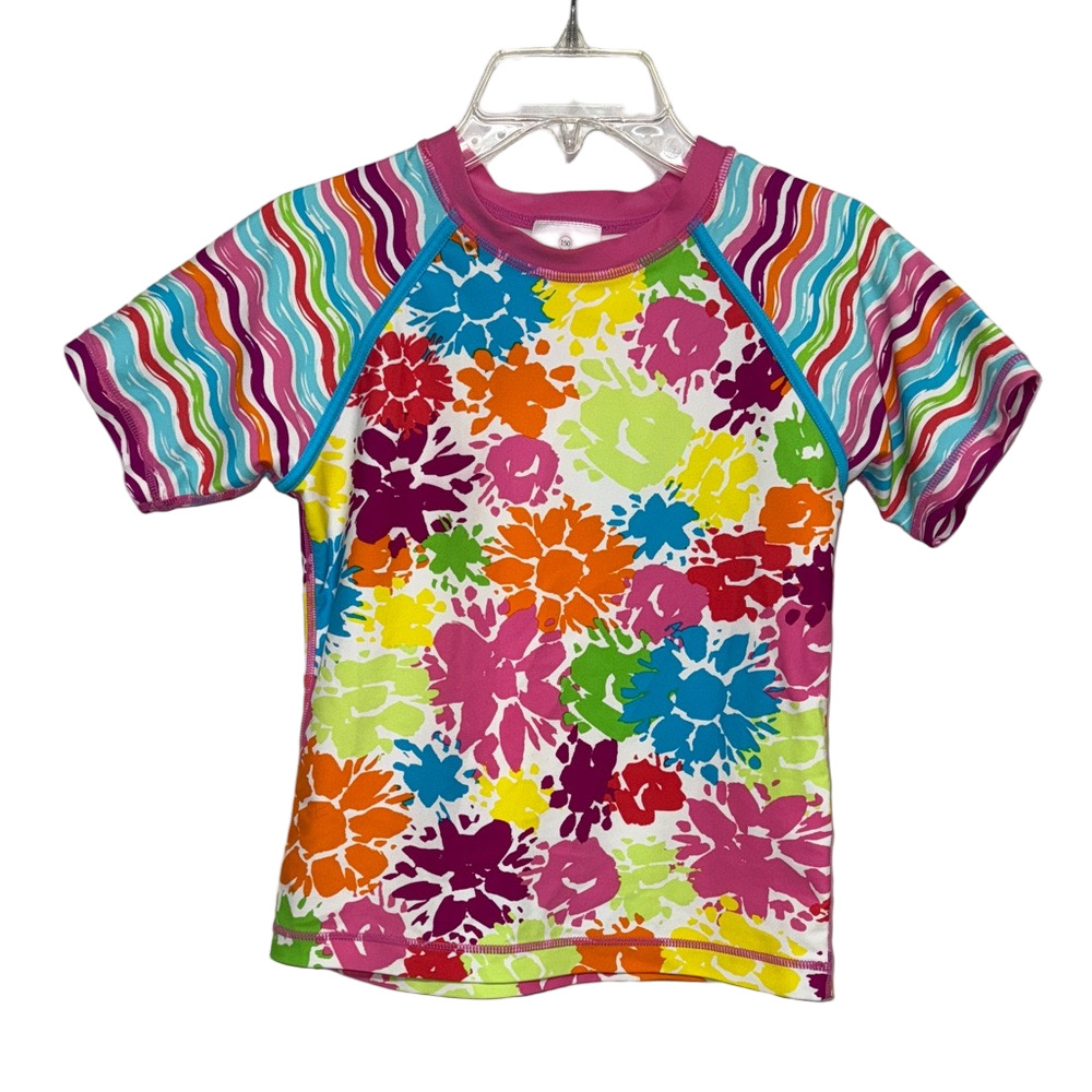 Hanna Andersson Girls 150 Floral Rash Guard Swim Top Rainbow Stripe